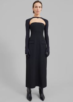 Color: Black Midweight woven fabric Slim fit Midi length Strapless Front flap pockets Back slit Concealed back zip closure Unlined 68% Polyester 29% Viscose 3% Elastane Machine Wash Warm By Beaufille. Made in Portugal Formal Wedding Attire, Anna October, Bolero Top, The Frankie Shop, Frankie Shop, Paris Woman, Column Dress, Tailored Dress, White Shirt Dress