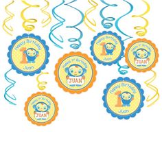 monkey 1st birthday party decorations hanging swirls - set of 12 pieces, blue and yellow