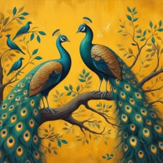 two peacocks sitting on top of a tree branch with green leaves and yellow background