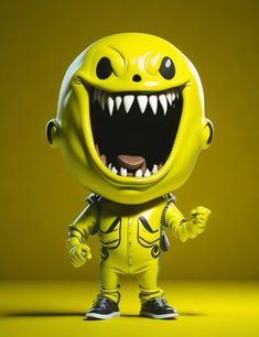 a yellow toy with an open mouth and large teeth on it's face, standing in front of a yellow background