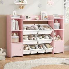 a child's room with pink shelves and toys on the floor in front of it