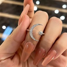 Maxine Sterling Silver Crescent Moon & Star Adjustable Open Ring only – maxinejewelry Gold Crescent Moon, Moon And Star Ring, Moon And Star, Star Ring, Moon Star, Promotional Gifts, Open Ring, Rings For Her, Stars And Moon