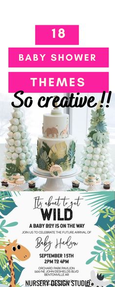 a baby shower party flyer with an image of a giraffe on the cake