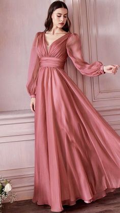 Party Gowns Elegant, Long Sleeve Chiffon Dress, Prom Dresses Long Pink, Cinderella Divine, Evening Dresses With Sleeves, Pink Prom Dress, Evening Party Gowns, Unique Prom Dresses, Chiffon Evening Dresses