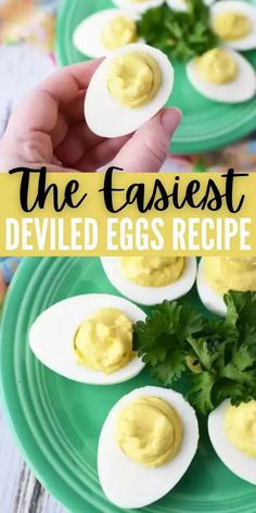 deviled eggs on a green plate with parsley in the middle and text overlay that reads, the fastest deviled eggs recipe