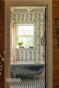 an old bathtub in front of a window with potted plants on the ledge