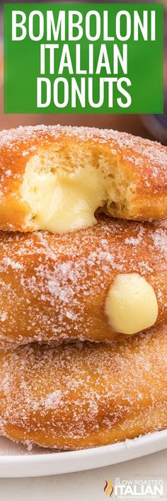 some food is stacked on top of each other with the words bomboloni italian donuts