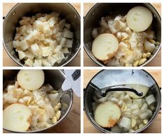 four pictures show onions being cooked in a pot