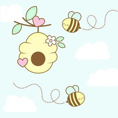 two bees are flying in the sky with hearts