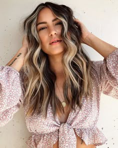 Highlights In The Front Of Hair, Blonde Front Dark Back, Perimeter Highlights, Brown Hair With Blonde Halo, Dark Hair With Blonde Peekaboo, Blonde Peekaboo Highlights For Dark Hair, Brown On Top Blonde On Bottom Hair, Blonde Strands In Dark Hair, Herringbone Highlights Hair