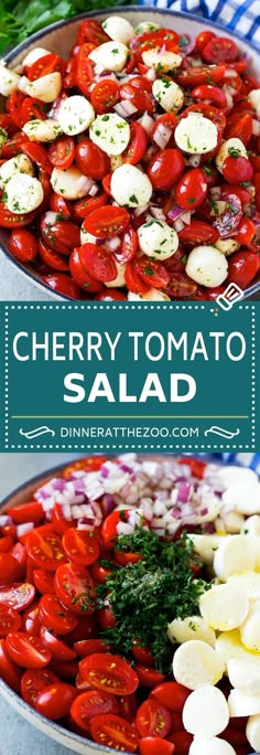 cherry tomato salad in a bowl with the title above it and an image of tomatoes, onions