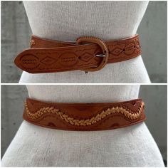 80s Mexican tooled light brown leather belt, braided leather, western maximalist fashion, rodeo houston, southwestern style, festival wear Unleash your inner rodeo queen with this stunning 80s Mexican tooled leather belt, a true masterpiece of western maximalist fashion. Crafted from light brown leather, this belt embodies the rugged yet refined spirit of the southwestern style. The intricate tooling showcases traditional Mexican artistry, with every detail meticulously carved into the supple leather, offering a rich texture that tells a story of craftsmanship and heritage. The belt features a unique braided design on the back, where a small wavy braid adds a subtle yet captivating touch to the overall look. This delicate detail enhances the belt's intricate design, making it a standout pi Rustic Brown Hand-tooled Belt, Rustic Brown Hand Tooled Belt, Adjustable Western Belts For Festivals, Western Adjustable Belts For Festivals, Western Style Adjustable Belts For Festivals, Western Brown Embroidered Belt, Bohemian Brown Belt Buckles For Festival, Vintage Brown Belt For Rodeo, Brown Hand Tooled Bohemian Belts