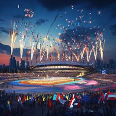 fireworks are lit up at the olympic games