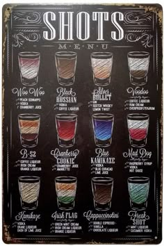 a poster with the names and colors of shots