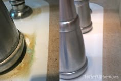 two different views of a sink with dirty water running down the side and on top