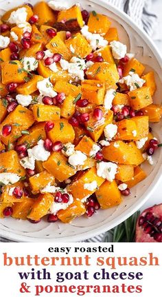 butternut squash with goat cheese and pomegranates in a white bowl