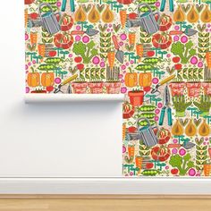 an image of a kitchen wallpaper with vegetables and fruits on it in bright colors