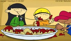 three children eating food at a table with red sauce on the bowl and spoons in front of them