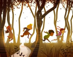 children are running through the woods in front of trees