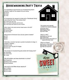 a housewarming party trivia is shown with the words home sweet on it