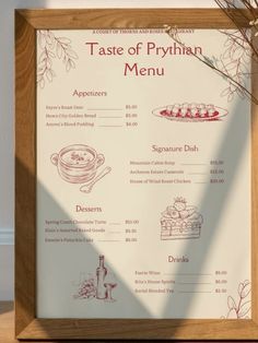 a wooden frame holding a menu for a restaurant with food items on it and the words taste of pyrhan menu written below