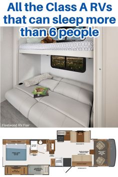 the floor plan for a camper with bunk beds and couches, including an extra bed