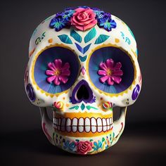 a brightly colored skull with flowers on it's head and eyes, sitting in front of a dark background