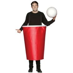 a man in a red bucket holding a white ball