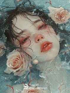 a woman is submerged in water with roses around her head and eyes are covered by ice