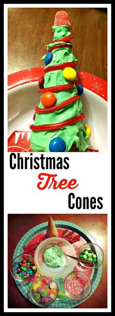 a christmas tree made out of candy on top of a plate with the words christmas tree cones