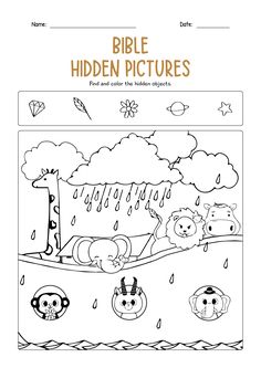 the bible coloring page for children with animals and raindrops on it, in black and