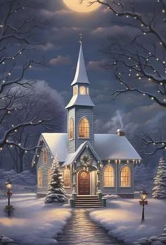 a painting of a church in the snow with christmas lights on it's windows