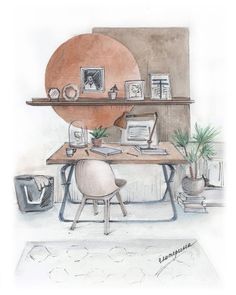 a drawing of a desk with books and pictures on the top shelf, along with a chair