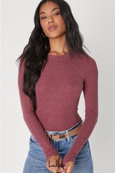 Autumn outfits always look cuter when you style them with the Lulus Essential Fit Heather Mauve Purple Ribbed Knit Long Sleeve Top! Soft and stretchy knit, with a heathered effect, shapes this versatile top that has long fitted sleeves and a crew neckline. Bodice has a fitted silhouette that's perfect for layering with all your favorite pieces! Fit: This garment fits true to size. Length: Size medium measures 21.75" from shoulder to hem. Bust: Great for any cup size. Waist: Fitted - stretchy fab Heather Stretch Tops For Fall, Trendy Heather Tops For Fall, Mauve Outfit, Black Sleeveless Bodysuit, Capsule Closet, Mauve Purple, Lulu Fashion, Fitted Sleeves, Autumn Outfits