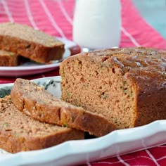 two plates with slices of banana bread on them