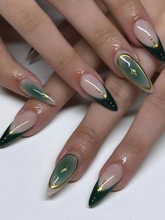 Army Green  Collar    Color Nails Embellished   Nail,Hand & Foot Care Dark Green Nails Gold Accent, Wedding Nails Celestial, Green Gold Nail Art, Fall Foliage Nails, Camp Flog Gnaw Nails, Nails Dark Green And Gold, Dark Purple Sparkle Nails, Peter Rabbit Nails, Olive Almond Nails