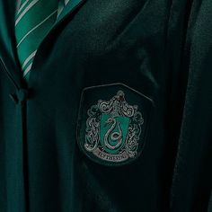 a harry potter shirt with a sly crest on the front and green striped necktie