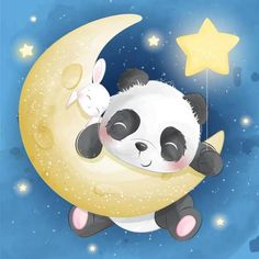 a panda bear sleeping on the moon with a rabbit sitting on it's back