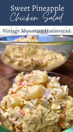 pineapple chicken salad in a glass bowl on a wooden table with text overlay