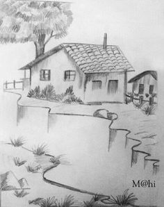 a pencil drawing of a house next to a body of water