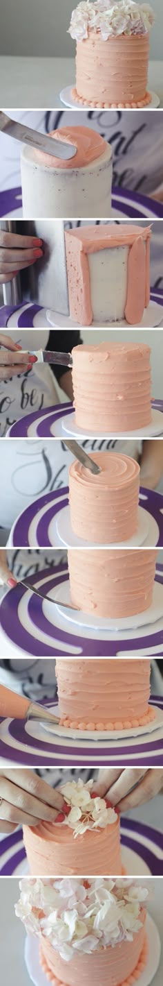 three tiered cake sitting on top of a plate with pink frosting and white icing