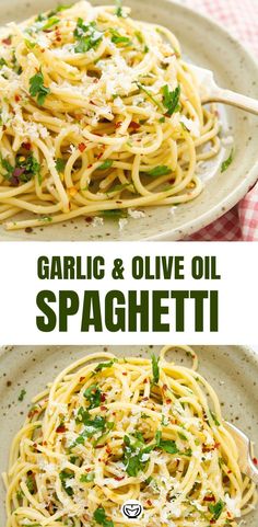 two pictures of pasta with broccoli and spinach in a black skillet