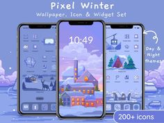 the pixel winter wallpaper, icon and widget set is shown in three different screens