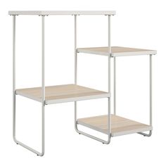 two white shelvings with wooden shelves on each side and one shelf below them