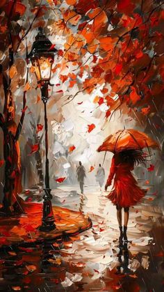 a painting of a woman walking in the rain with an umbrella and red leaves on it