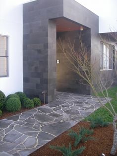 a modern house with stone walkway leading to the front door and entry way, surrounded by green shrubs