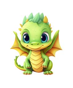 a green and yellow dragon with big eyes