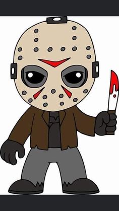 an image of a cartoon character holding a knife and wearing a mask with blood on it