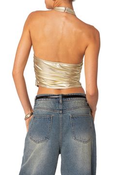 Elevate your night-out vibe in this cropped halter-neck top designed in shimmering metallic. Mock neck Sleeveless, with cutaway shoulders 95% polyester, 5% spandex Machine wash, dry flat Imported Gold Crop Top For Club Party, Gold Crop Top For Club And Party Season, Glamorous Metallic Halter Top For Night Out, Gold Club Top For Spring, Gold Tops For Club Events In Spring, Gold Tops For Club And Spring Season, Spring Club Gold Top, Metallic Sleeveless Halter Top For Night Out, Metallic Tube Top For Night Out