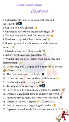 an image of a graduation checklist with the words, short graduation capiones